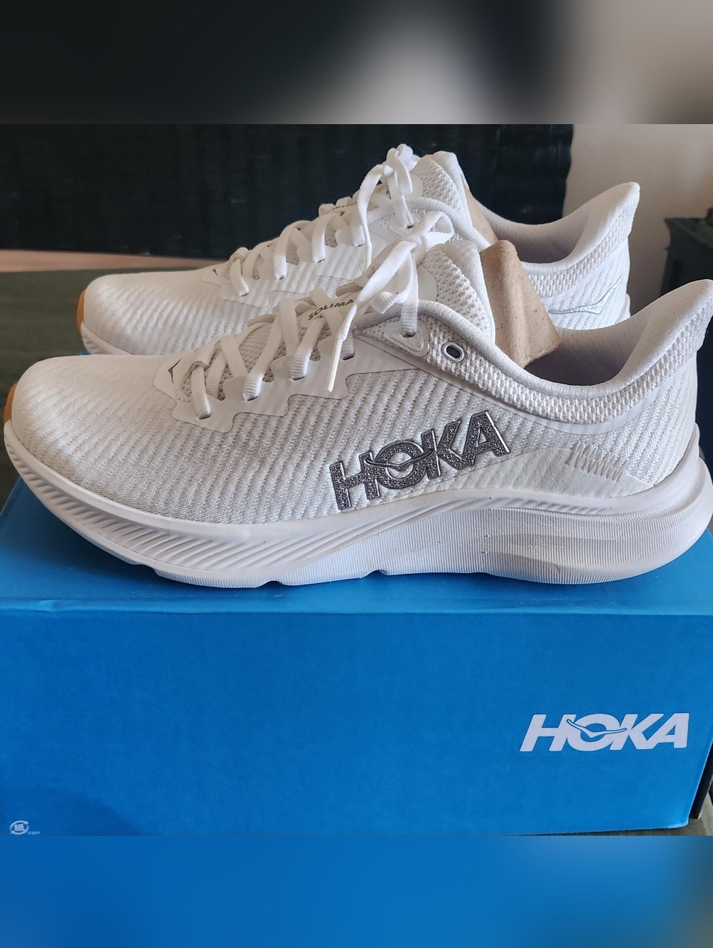 Solimar Hoka White and Silver Performance Running Shoes